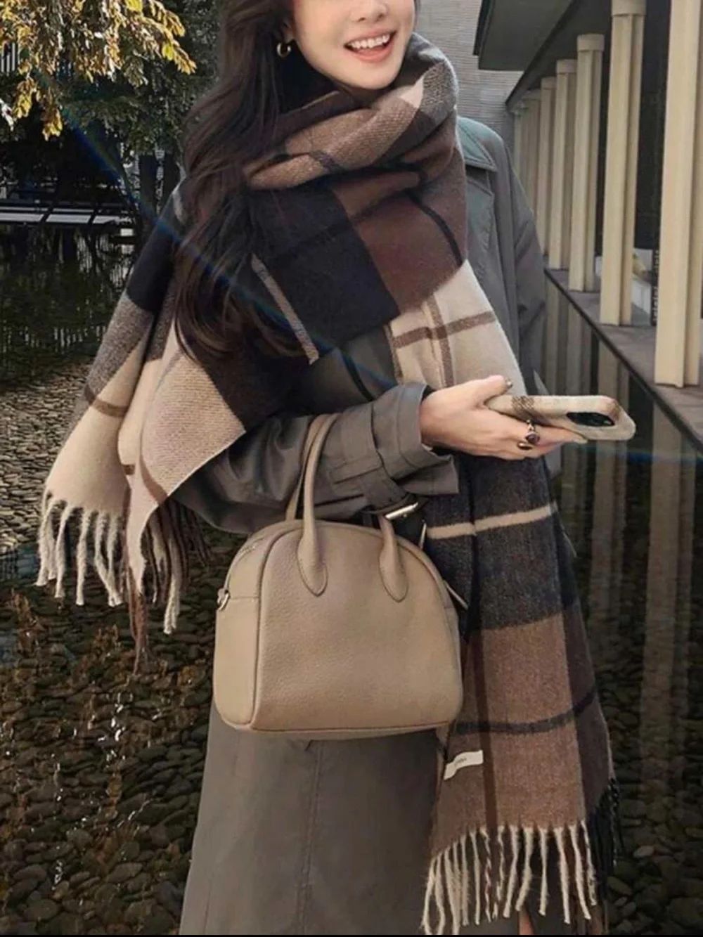 Large Brown Plaid Shawl Scarf with Tassels